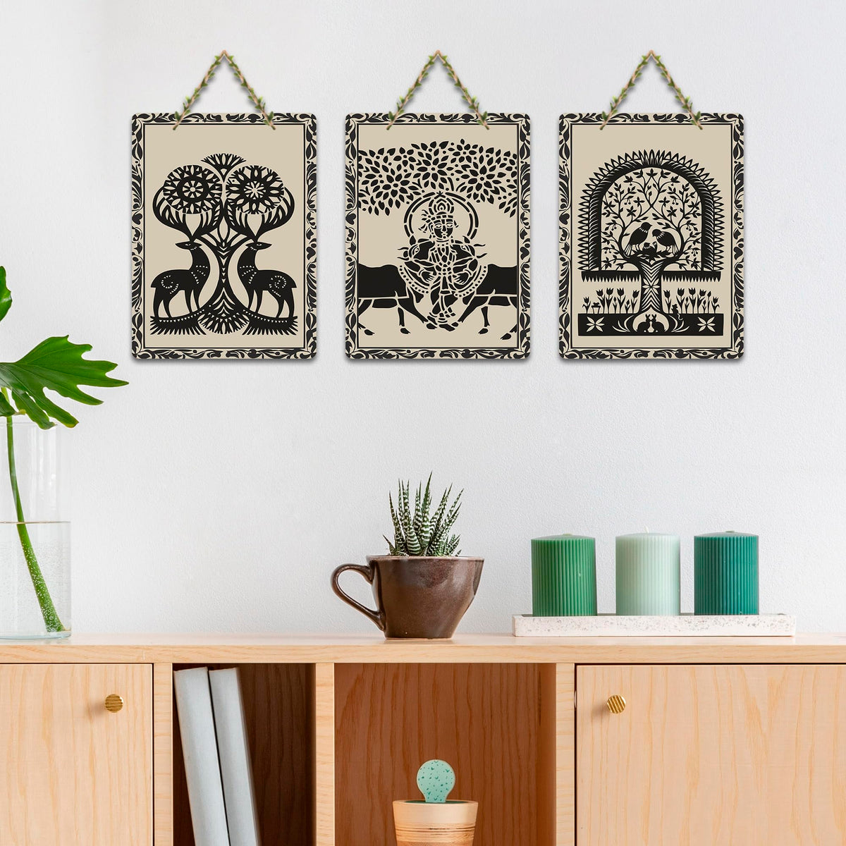 Artvibes Artistic Animal Theme Wooden Art Decoration Item for Living Room | Modern Decoration Items | Handcrafted Art | Aesthetic Wooden Decor | Artworks Hangings | Gift Items (WH_9696N), Set of 3