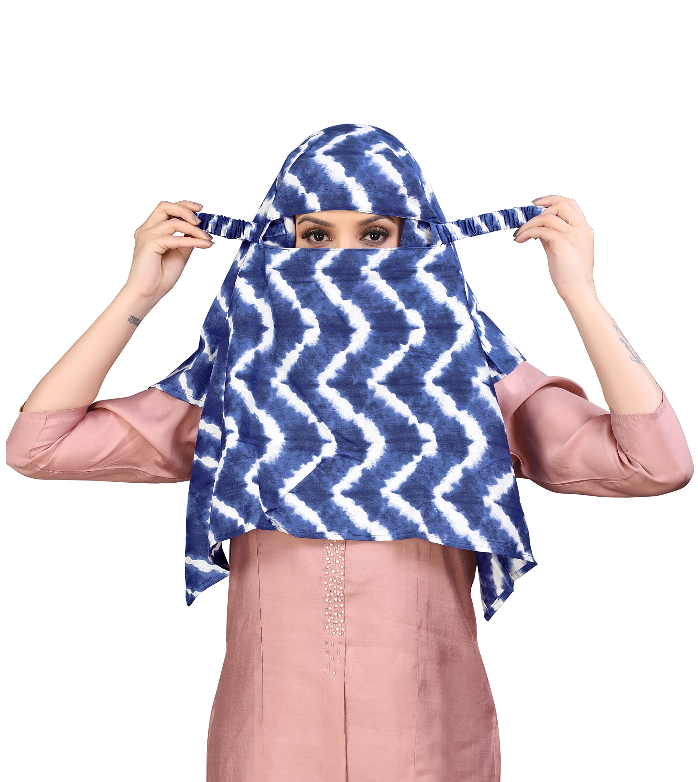 7 season's Female Cotton Short Scarf Cum Mask Universal Size/Usable For Vehicle Driver For Sunlight Uv Protection/White Printed Design (Blue Leheriya, Free)
