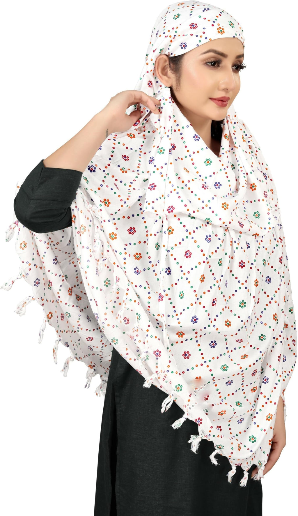 Sclout Soft Cotton Breathable Sun Protection Scarf Dupatta Usable for vehicle Driver | White Printed Design Stoles | Universal Size | For Girl & Women | Light Weight (Scarf - Patodu)