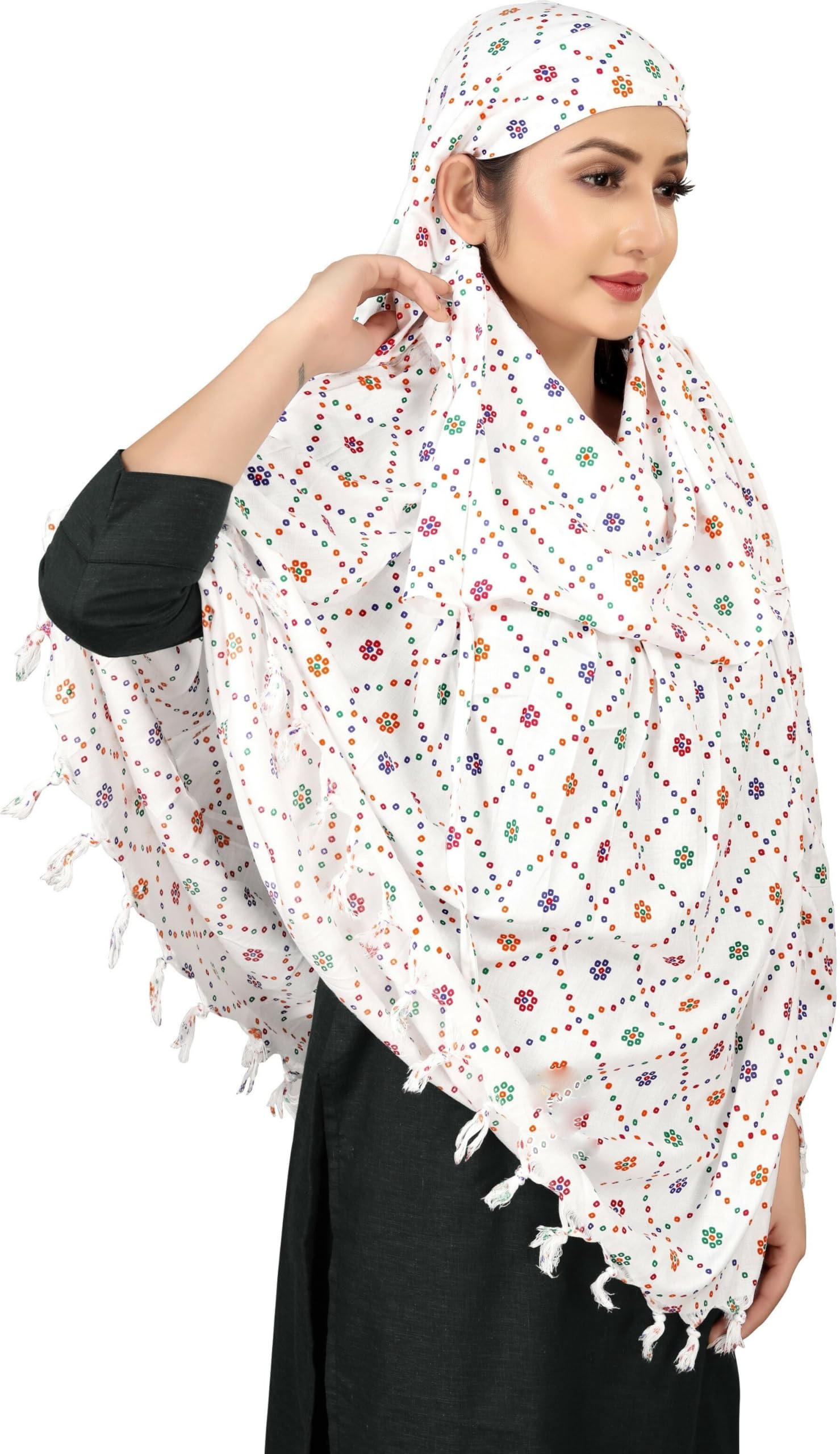 Sclout Soft Cotton Breathable Sun Protection Scarf Dupatta Usable for vehicle Driver | White Printed Design Stoles | Universal Size | For Girl & Women | Light Weight (Scarf - Patodu)