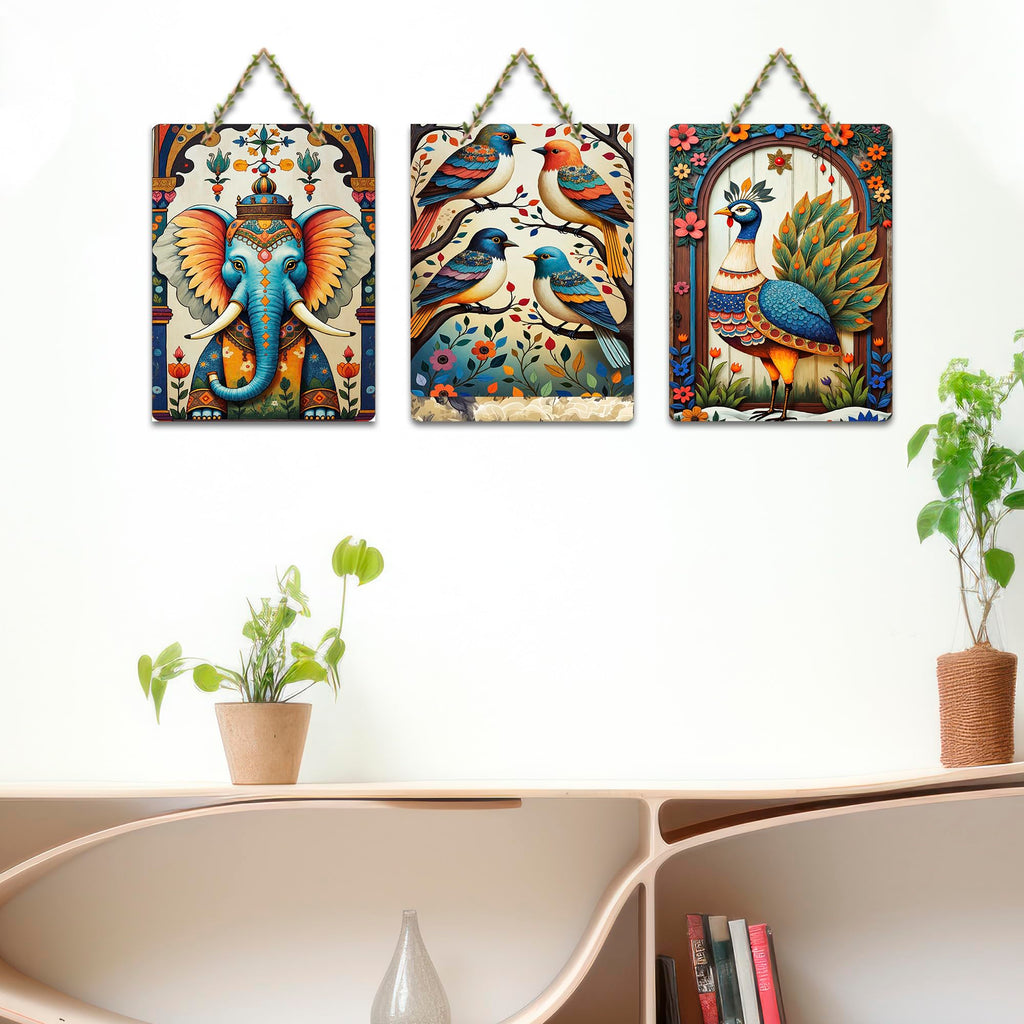 Artvibes Aesthetic Elephant With Birds & Floral Peacock Home Art For Wall Hanging | Garden Balcony| Stylish Modern Decor Item | Trendy Decor | Wall Illustrations | Gift Items (WH_9628N), Set of 3