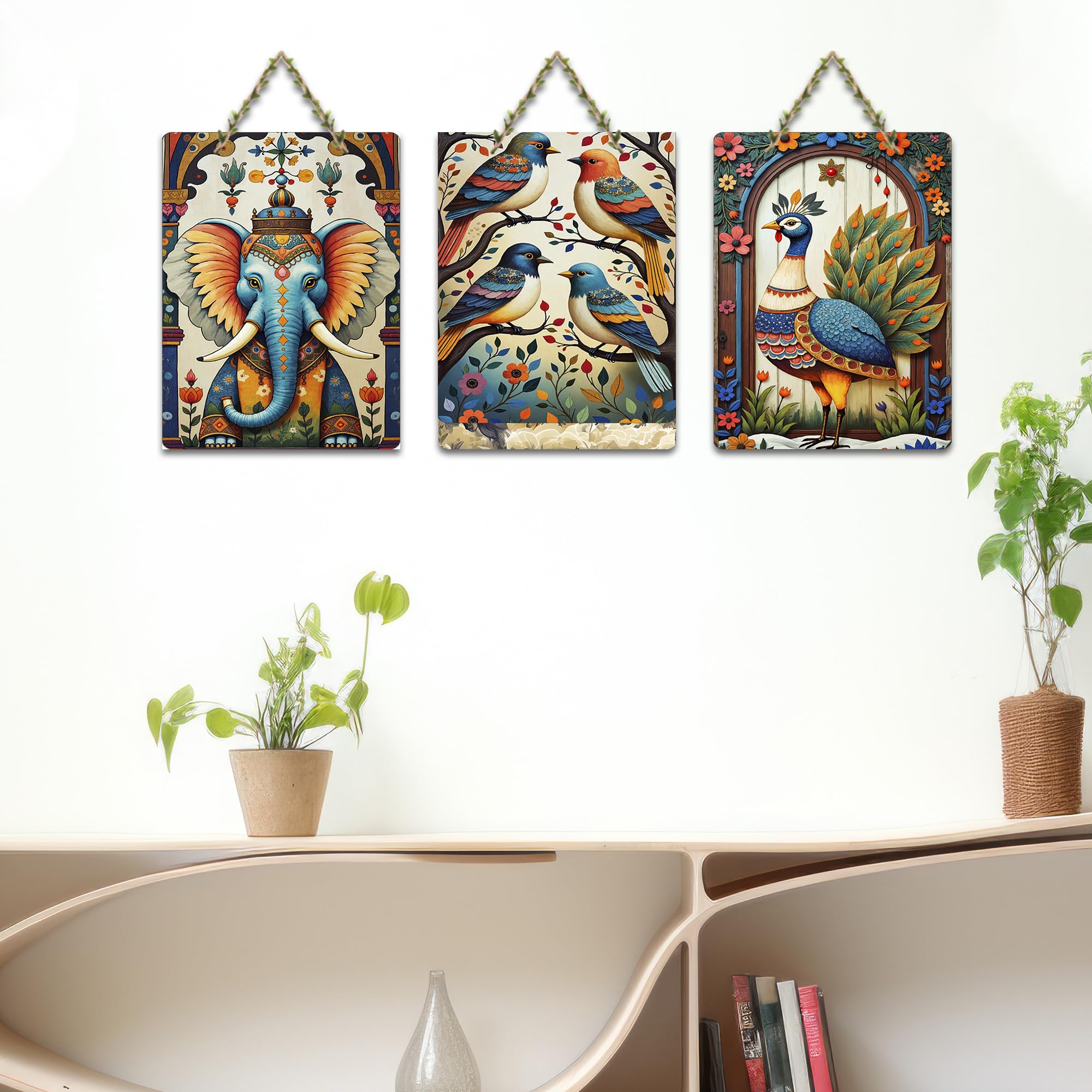 Artvibes Aesthetic Elephant With Birds & Floral Peacock Home Art For Wall Hanging | Garden Balcony| Stylish Modern Decor Item | Trendy Decor | Wall Illustrations | Gift Items (WH_9628N), Set of 3