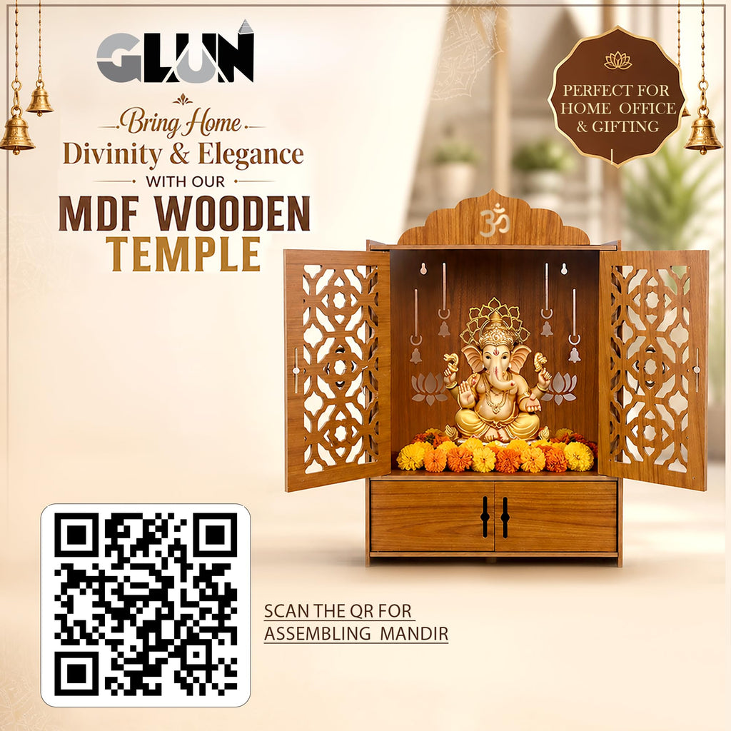 Pack of 1 Wooden MDF Temple Mandir for Home & Shops, Size 51x37x27 Cm1 Piece LED Light & Complete Wall Mount Kit with Door & Cabinet with Storage Space, Assembly Required, Pooja Mandir