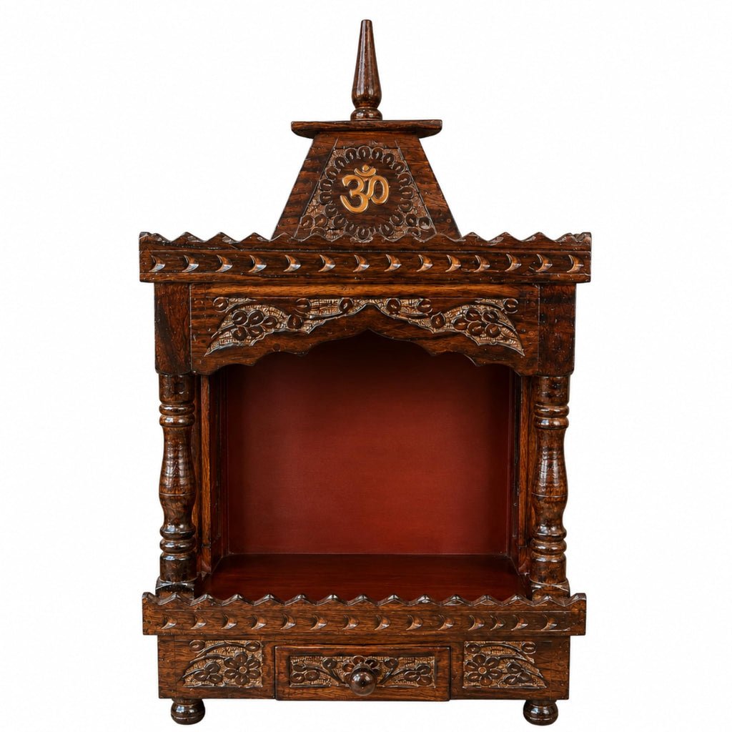 CraftVeda Wooden Temple for Home with Storage Drawer & Brass Bell | Handcrafted Pooja Mandir with OM Design | Wall Mount & Tabletop Hindu Devghar for Home, Office & Prayer Room | 13 x 8 x 7 Inch