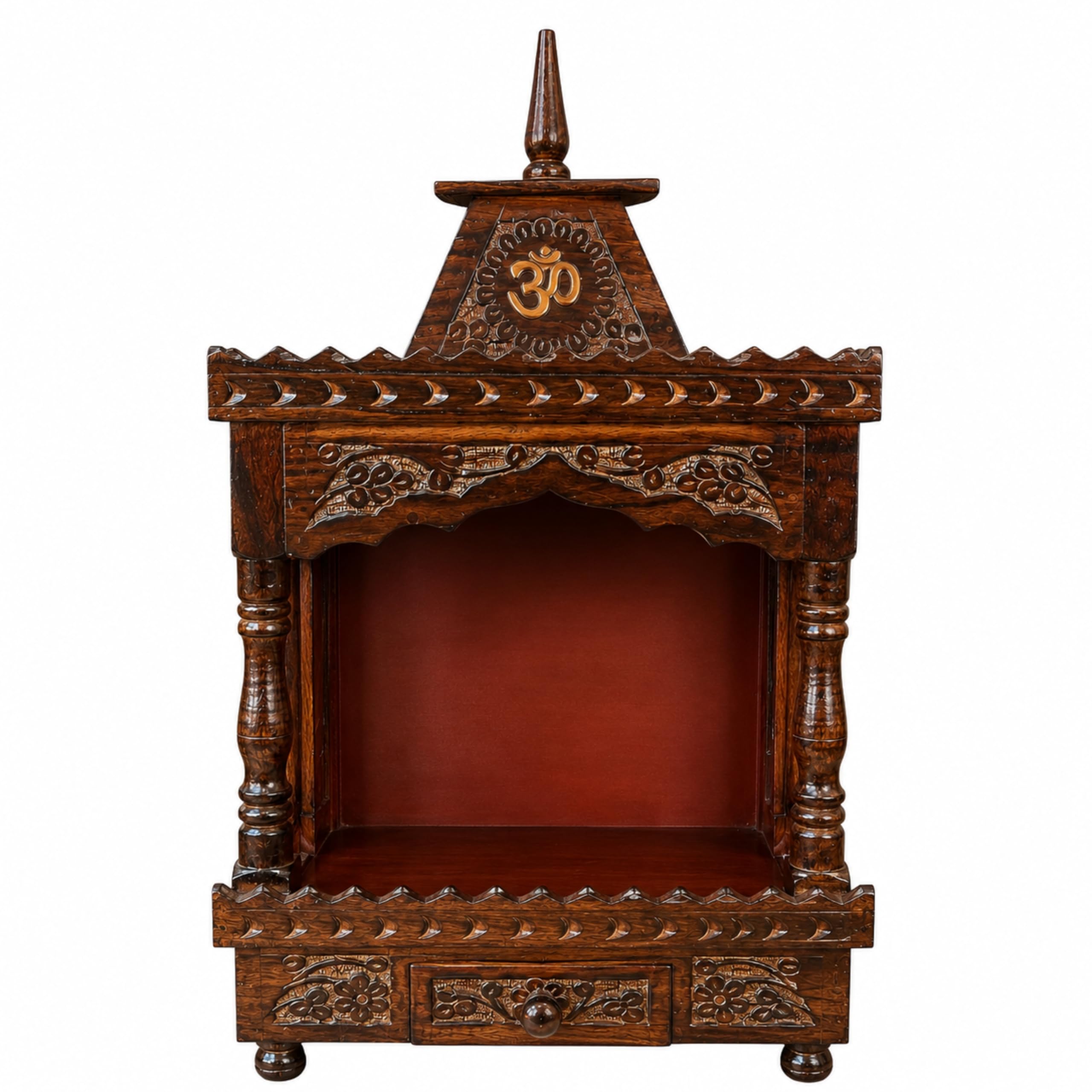 CraftVeda Wooden Mandir for Home | Handcrafted Pooja Temple with OM Design & Brass Bell | Compact Hindu Devghar for Home, Office & Prayer Room | 15 x 9 x 8 Inch