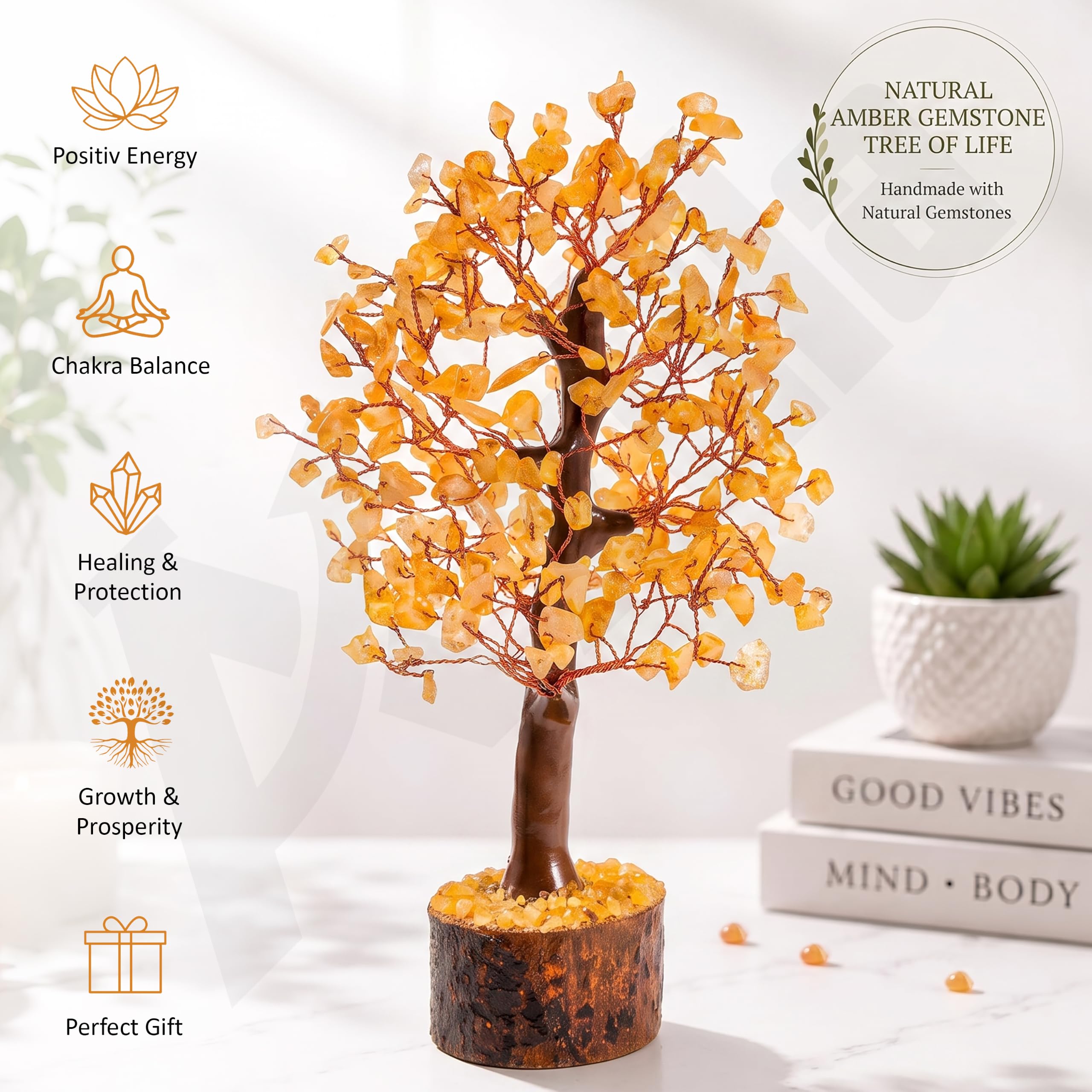 Axilla Natural Citrine Crystal Tree with Wooden Base | Merchant Stone of Abundance & Financial Growth | Feng Shui Good Luck Tree Showpiece for Office Desk, Shop Counter & Living Room