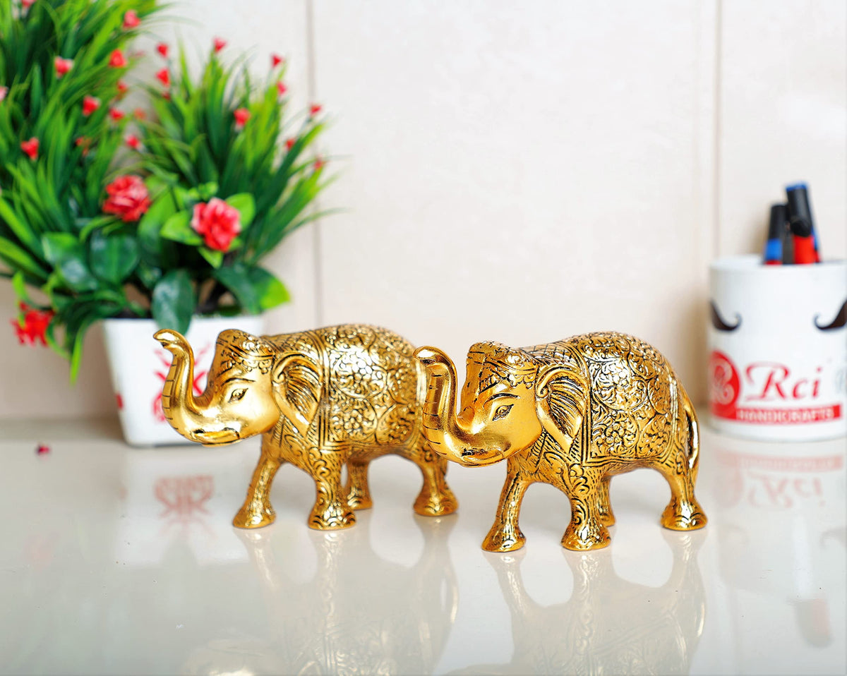 KridayKraft Metal Elephant Statue Small Size Gold Polish 2 pcs Set for Your Home,Office Table Decorative & Gift Article,Animal Showpiece Figurines...
