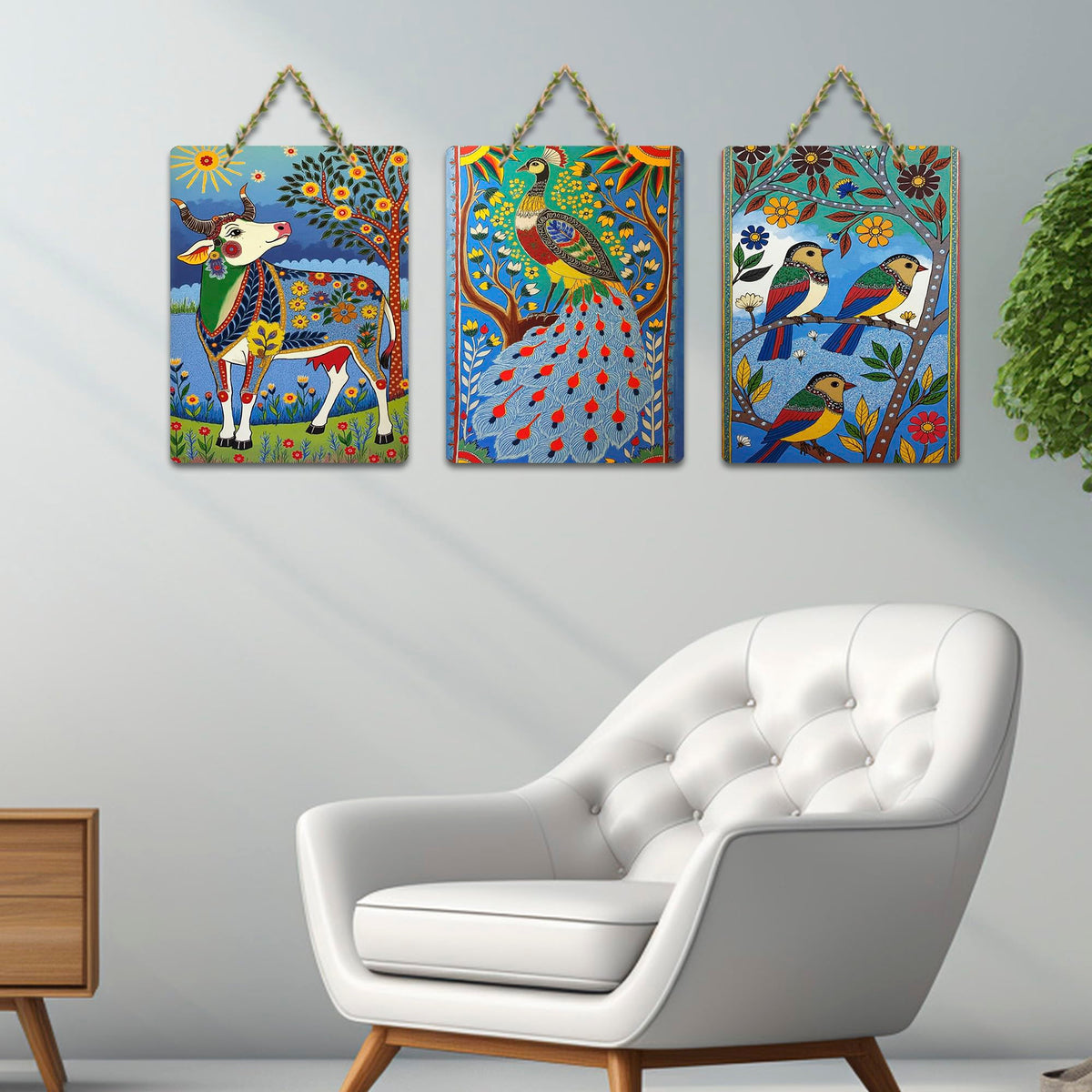 Artvibes Colorful Cow Birds And Peacock Decorative Wall Hanging Ornaments | Garden Balcony | Decoration Wall Hanging Items | Trendy Decor | Aesthetic Wooden Decor | Unique Gift (WH_9681N), Set of 3