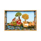 Pavitra Uphaar Vrindavan Tales Serving Tray, Solid Wood, Handcrafted, Sacred Pichwai Art, Gold Leaf (Large)