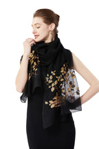 STARWHISPER Women Silk & Wool Long and Large Scarf Shawl Wrap For Evening Dress, Leaf Embroidery Black, 76 x 29 inches / 193 x 74 cm