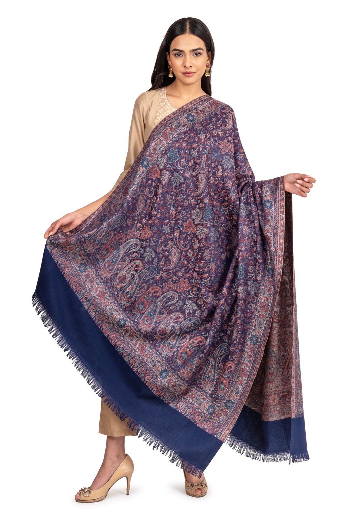 Naureen Women Faux Pashmina Kashmiri Jamawar Shawl, Warm and Soft, 40x80 inch (Navy)
