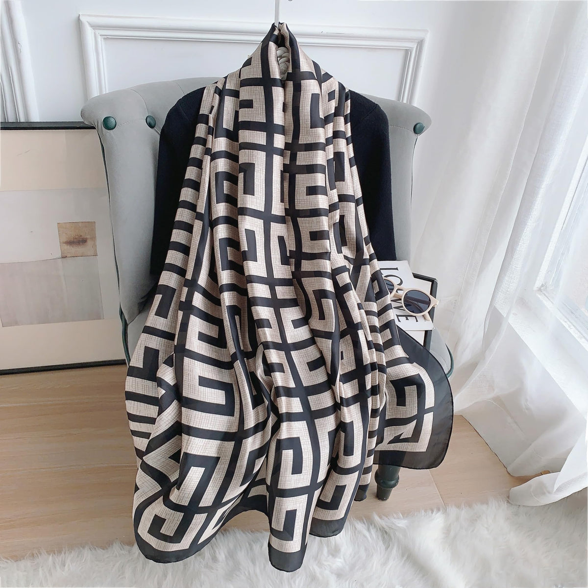 CrossKulture White & Black Satin Silk Like Scarf For Women | Stylish, Soft, & Lightweight | Satin Feel Neck Scarf, Hair Scarf, Head Scarf For Women | Long Silken Stole, (Female)