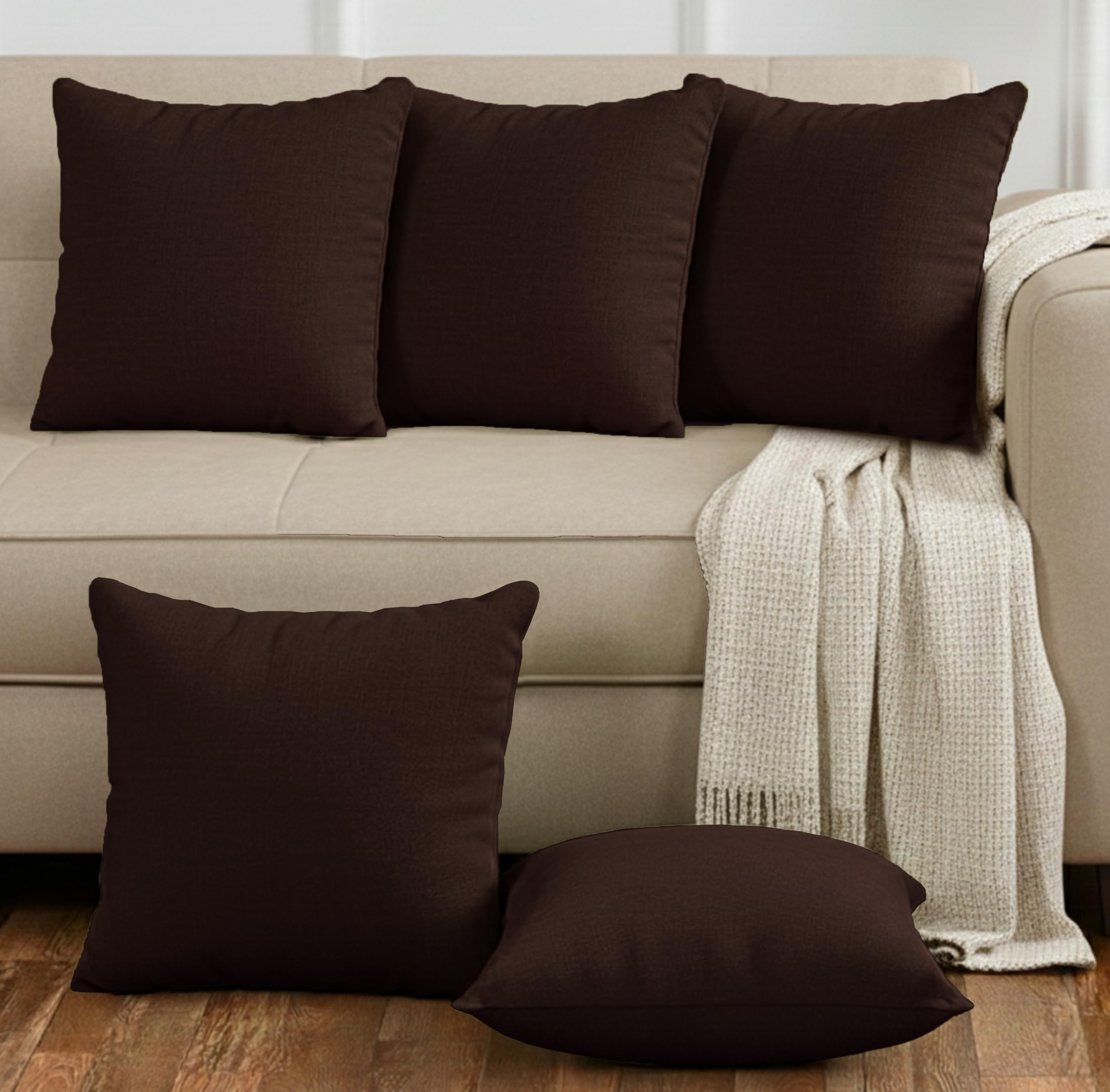 Yellow Weaves Cotton Canvas Decorative Cushion Covers, (24 X 24 Inches), Set of 5, Coffee