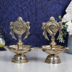 Artvarko Brass Chakra Shankh Villaku Vishnu Shankhu Chakra Deepam, Multi Wick Diya, Deepa, Traditional Oil Lamp for Pooja, Aarti, Home and Decor 6 Inches