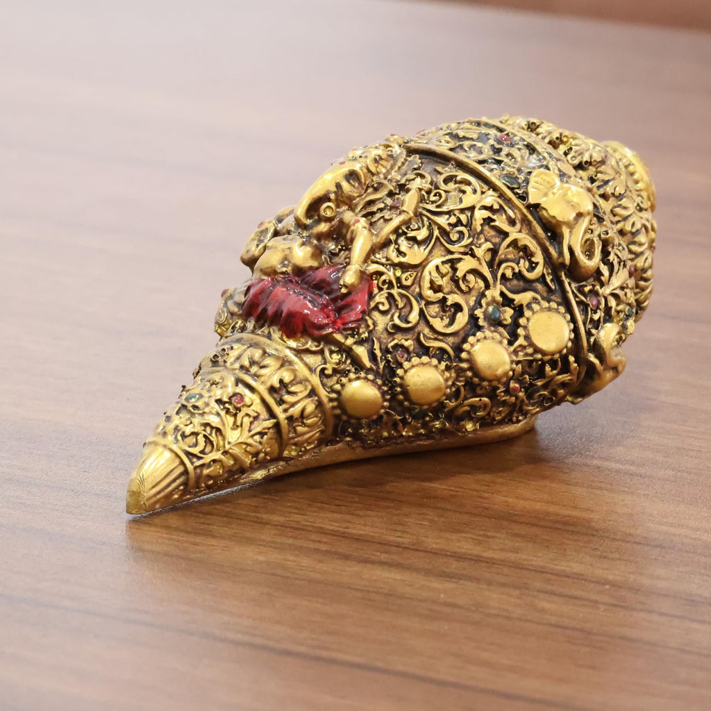 KridayKraft Decorative Lord Ganesha Shank, Gold-Toned, Conch Shell for Wealth, Prosperity and Good Luck Intricate Design, 12 cm x 6 cm polyresin