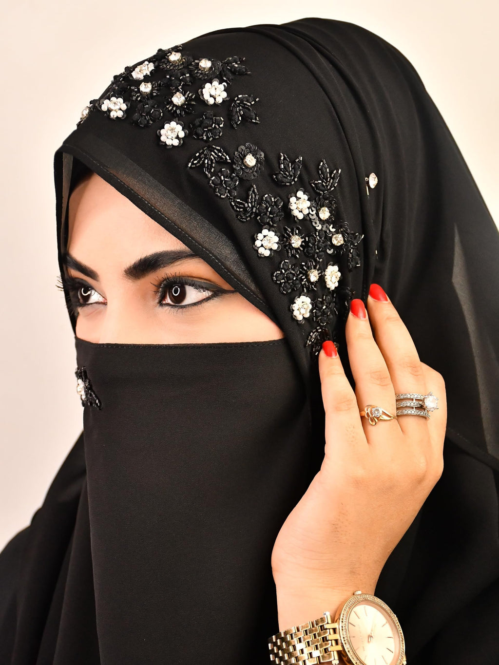 WRAP MY HIJAB Georgette Luxury Bridal Hijab Scarf for Female With Handwork Naqab Wear For Party And Any Occasion (Pack Of 1), Black