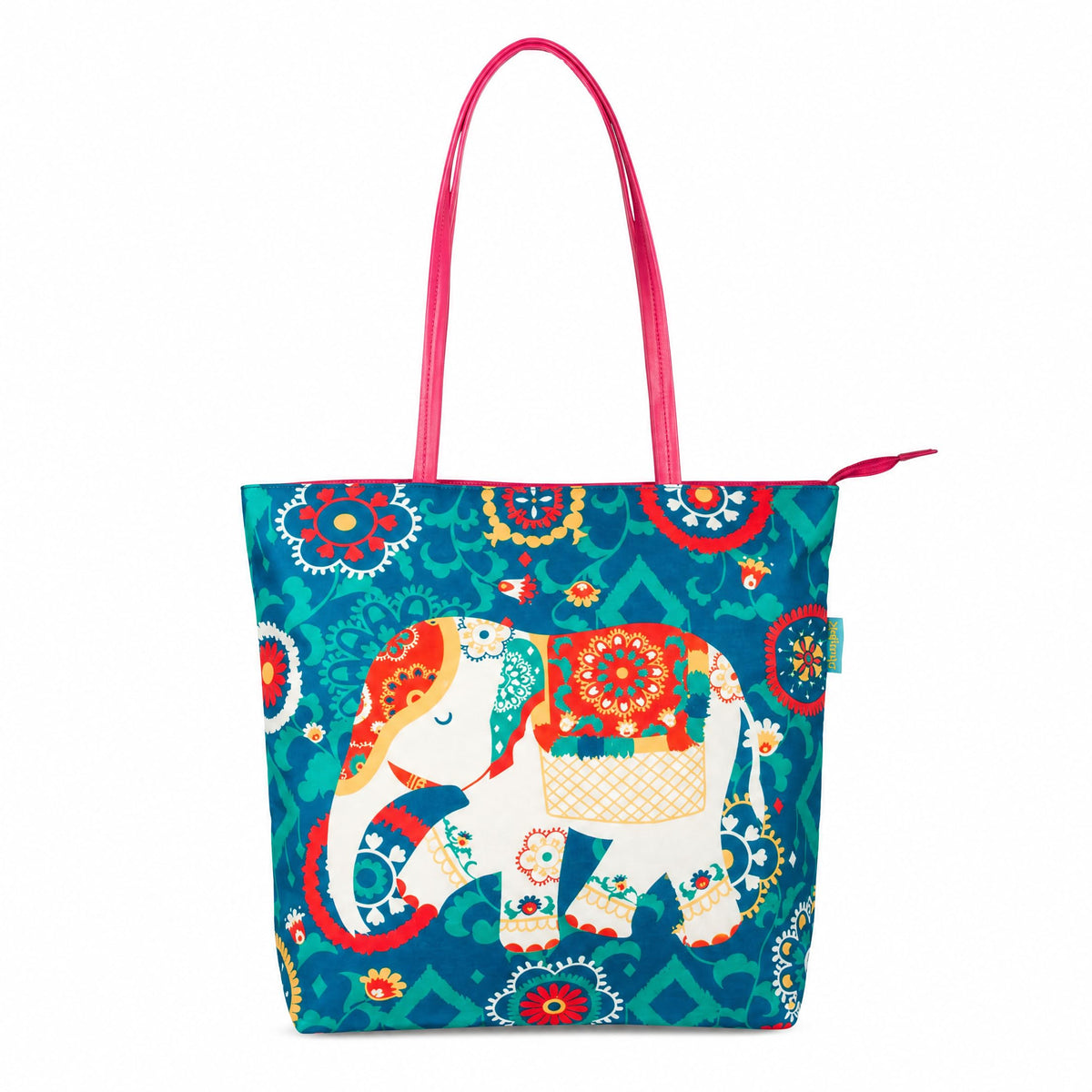 Chumbak Regal Elephant Tote Bag – Canvas Shoulder Bag for Women with Zipper Closure, Teal Ethnic Print, Stylish Office & Travel Handbag