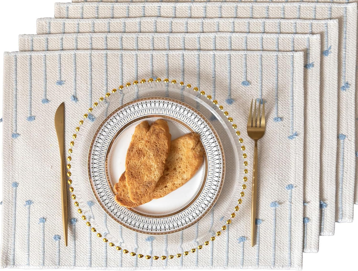 ALSTONIA Handmade Cotton Dining Table Placemats | Heat Resistant Dining Table Place Mats |Kitchen Tabletop|Kitchen Coffee Center Table & Eating Areas (Blue & White, 4 Pcs Placemats) Kafalo