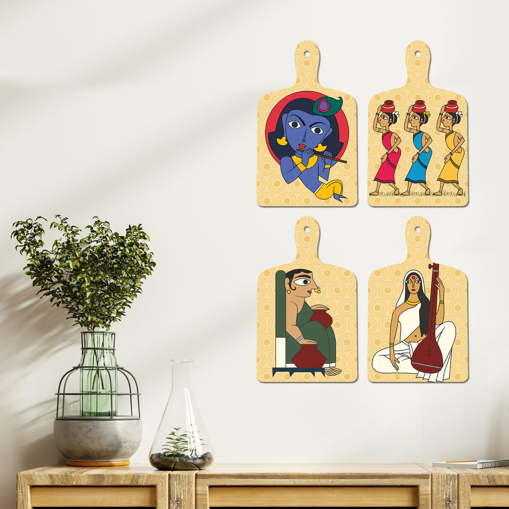 Artvibes Shri Krishna Village Man & Veena Lady Folk Art Wooden Wall Hanger for Home | Spiritual Decor Items | Wall Poster | Artwork| Stylish Modern Decor Item | Gift Items (WH_5646N), Set of 4