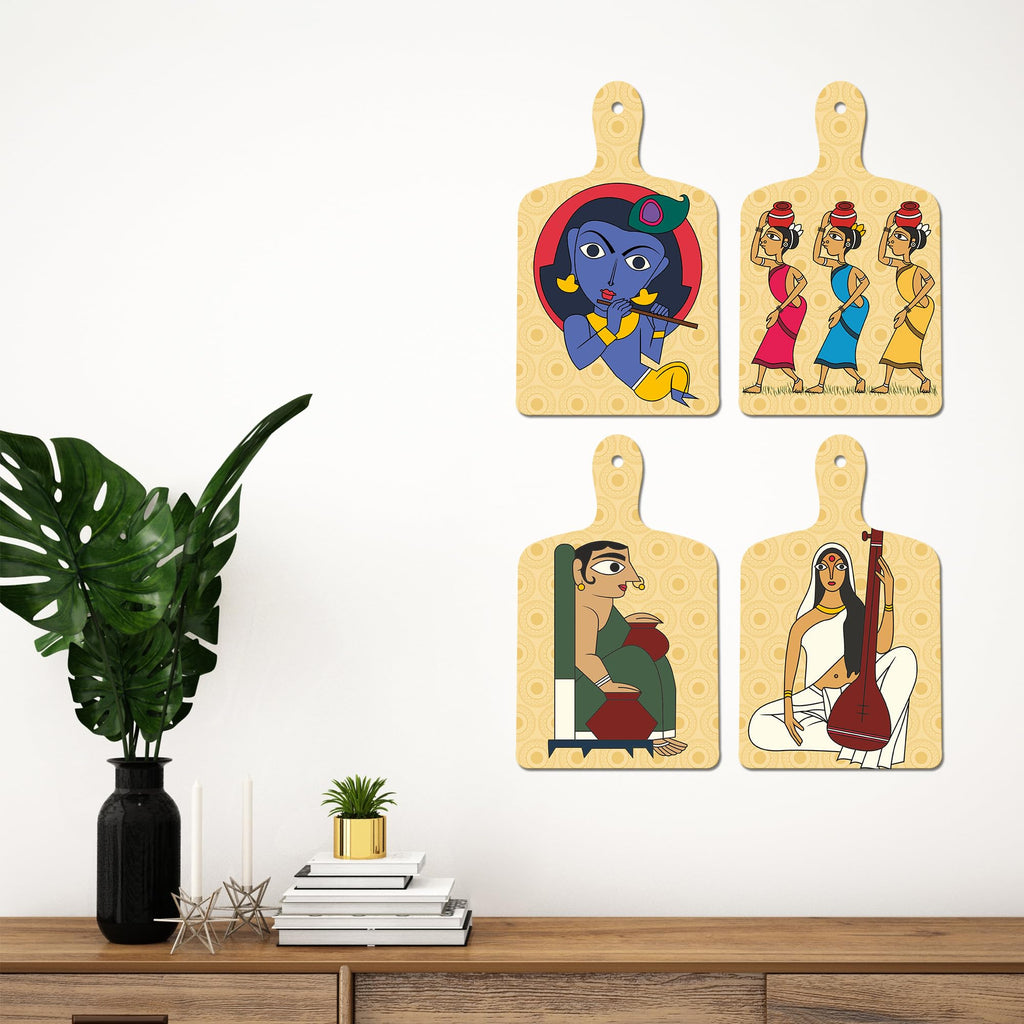Artvibes Shri Krishna Village Man & Veena Lady Folk Art Wooden Wall Hanger for Home | Spiritual Decor Items | Wall Poster | Artwork| Stylish Modern Decor Item | Gift Items (WH_5646N), Set of 4