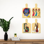 Artvibes Shri Krishna Village Man & Veena Lady Folk Art Wooden Wall Hanger for Home | Spiritual Decor Items | Wall Poster | Artwork| Stylish Modern Decor Item | Gift Items (WH_5646N), Set of 4