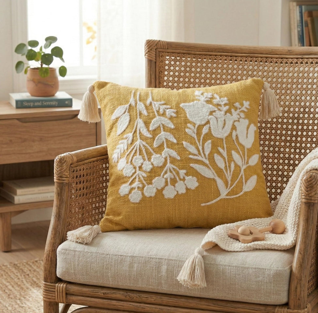 Furnistitchs Handmade Boho Cushion Cover 16x16 Inches Embroidered Slub Cotton Pillow Case with Tassels Decorative Bohemian Throw Cushion for Sofa & Bedroom, 40x40 cm (1, Yellow Sticks)