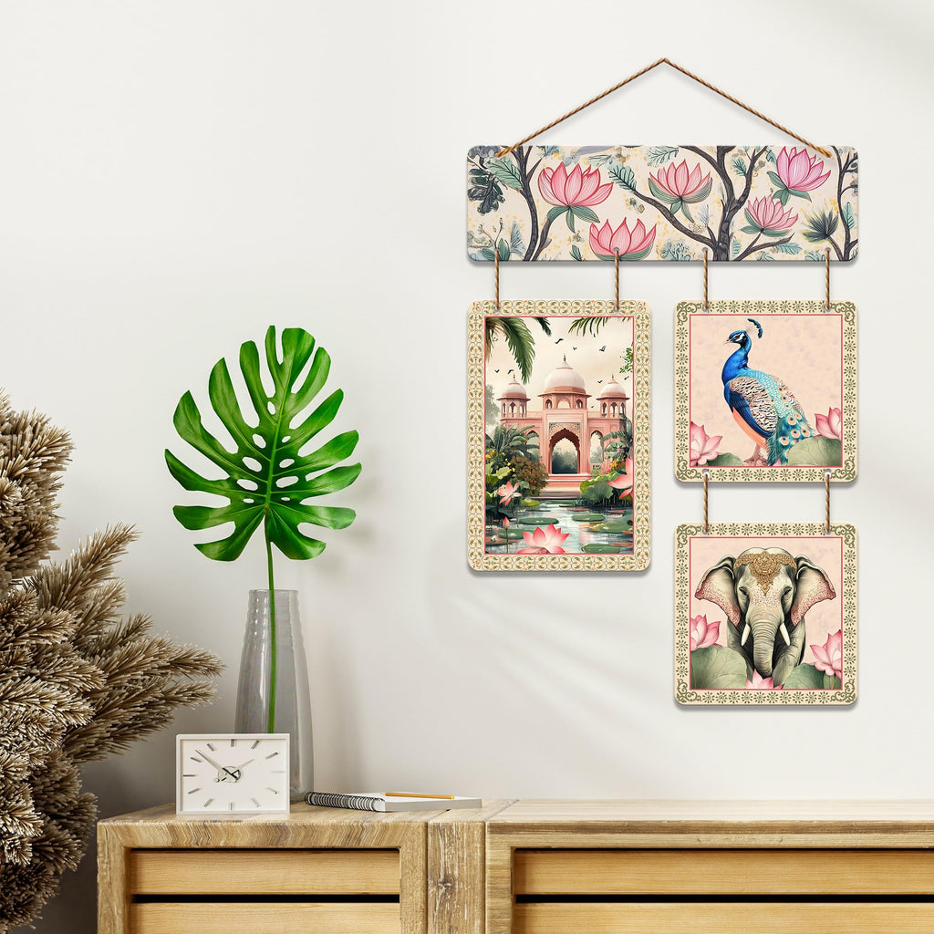 Artvibes Artistic Elephant Peacock & Tomb Pichwai Art Wooden Wall Hanger for Home Decor | Living Room | Office | Wall Art Painting For Hall | Graphic Artwork | Wall Poster | Unique Gift (WH_6536N)