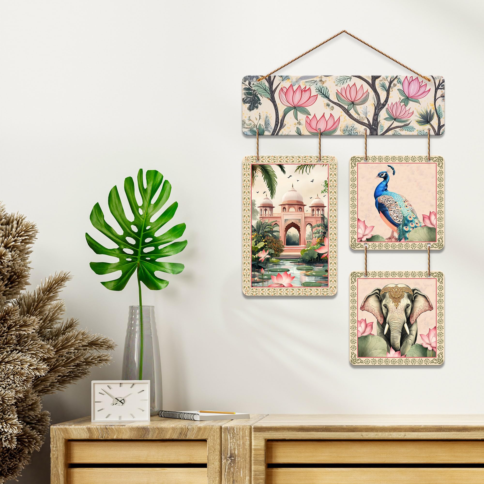 Artvibes Artistic Elephant Peacock & Tomb Pichwai Art Wooden Wall Hanger for Home Decor | Living Room | Office | Wall Art Painting For Hall | Graphic Artwork | Wall Poster | Unique Gift (WH_6536N)