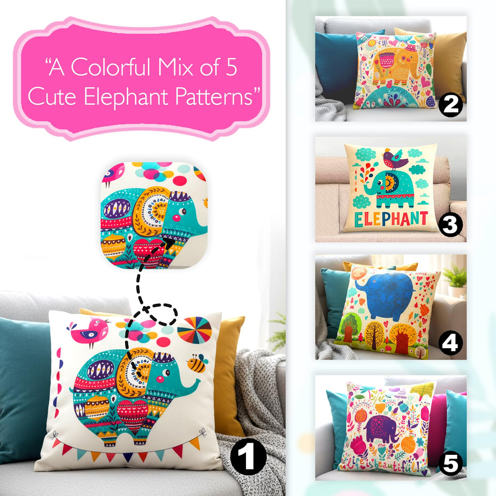 GLUN® Set of 5 Polycotton Cushion Covers, Multicolour Bohemian Elephant Print, 16 x 16 Inch Size Covers, Playful Cushion Covers for Sofa & Living Room Decor