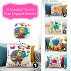 GLUN® Set of 5 Polycotton Cushion Covers, Multicolour Bohemian Elephant Print, 16 x 16 Inch Size Covers, Playful Cushion Covers for Sofa & Living Room Decor
