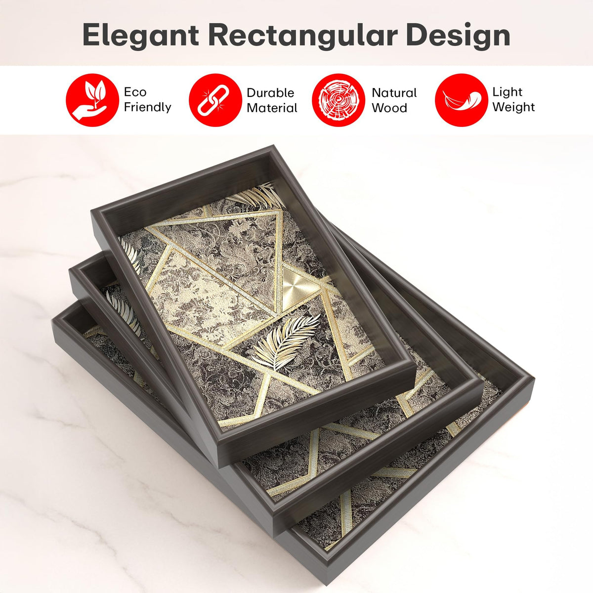 Rioware Wooden Serving Tray Set of 3 | Bamboo Tea & Coffee Serving Trays | Decorative Resin Kitchen & Dining Tray Set | Snack, Breakfast & Home Décor | Vintage Luxe