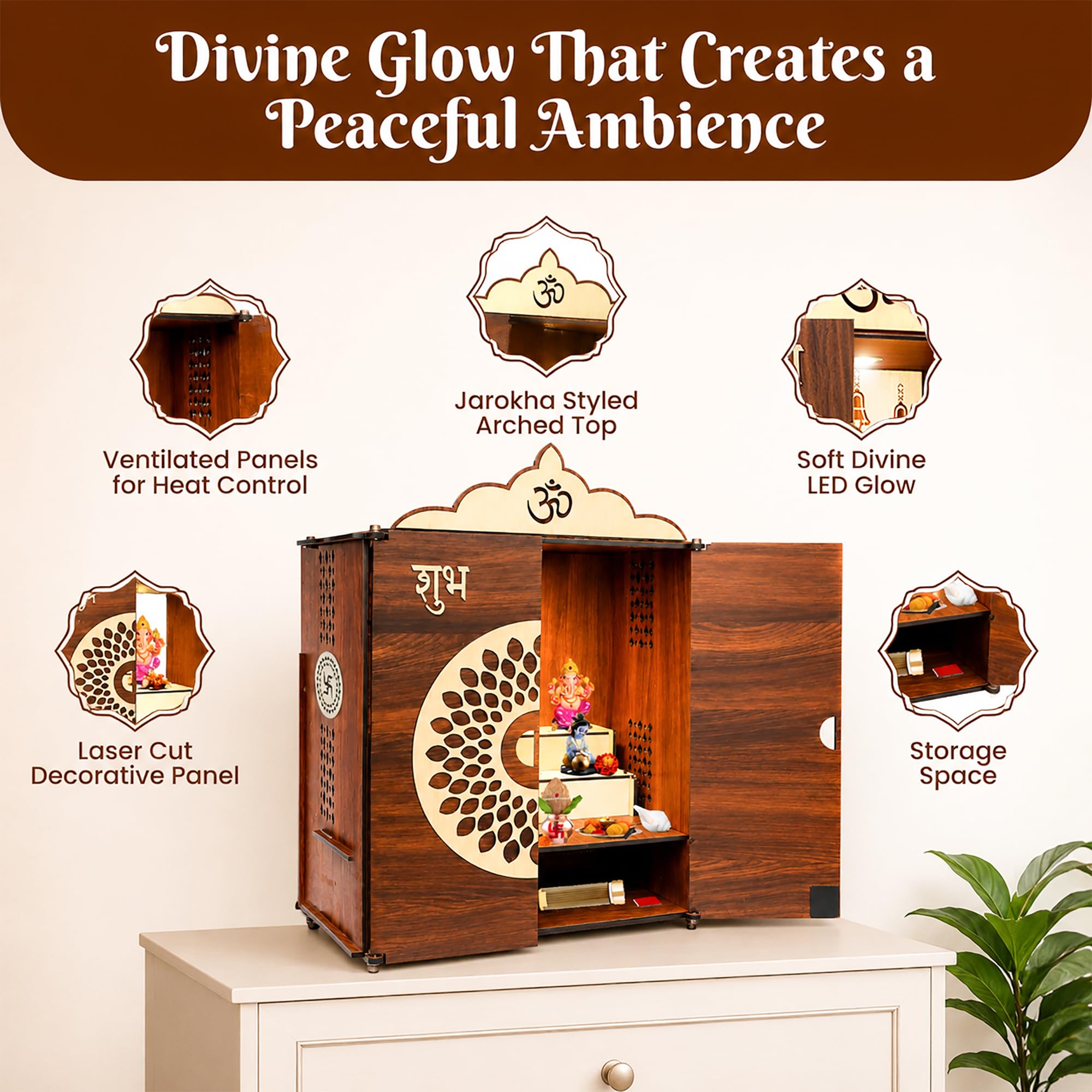 SOLOBOLO Mandir for Home Big Size with Door | Pooja Mandir with Storage | Wooden Temple with | Door Temple | Step Design for Clear Darshan | Home Temple Pooja Cupboard |Big Size Approx. 2 feet
