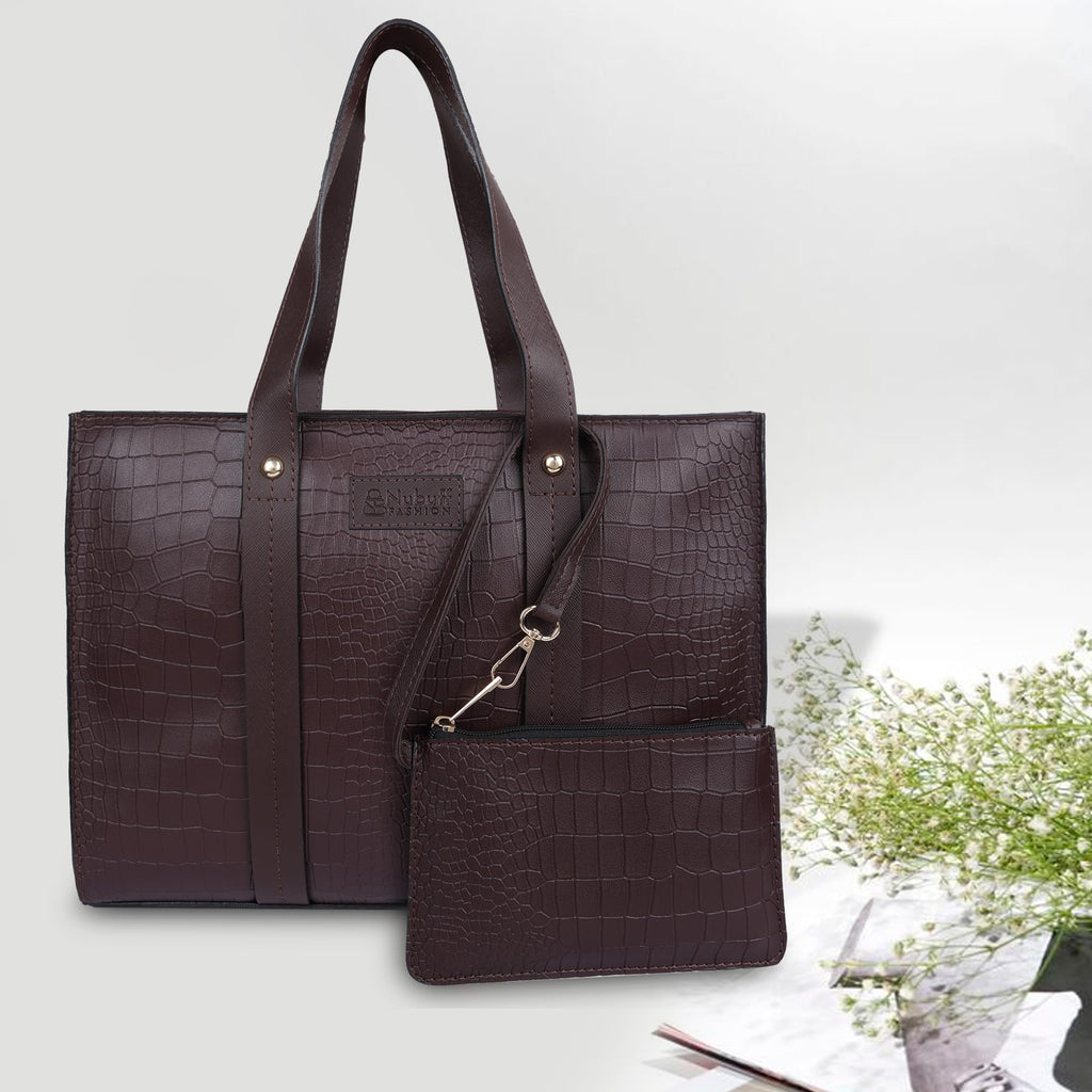NUBUFF FASHION Womens croco Textured Shoulder Tote Bag (BROWN)