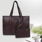 NUBUFF FASHION Womens croco Textured Shoulder Tote Bag (BROWN)