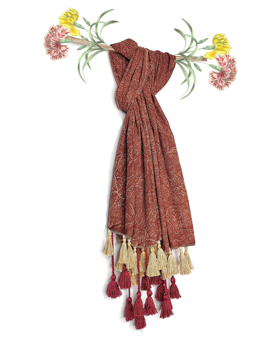 Chandwasia Rayon Design Trendy Stole Scarf Shawl | For Travel Casual Office Outdoor Styling | Rayon Fabric Printed Pattern Soft Texture Fringed Edges | Unisex Accessory For All Seasons - Rusty Red