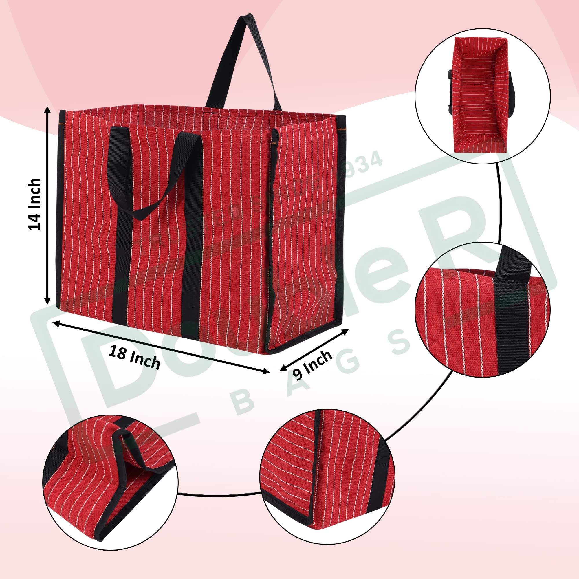 DOUBLE R BAGS Big Eco Cotton Canvas Shopping Bag | Red Jhola Bag for Milk, Grocery, Fruits & Vegetables | Reinforced Handles | 43×21×35.5 cm | 1 Compartment Kitchen Essential (Pack of 3)