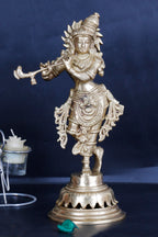ARTVARKO Brass Flute Playing Krishna Statue God Religious Idol Krishan Figurine Home Decor(Height 10 Inches)