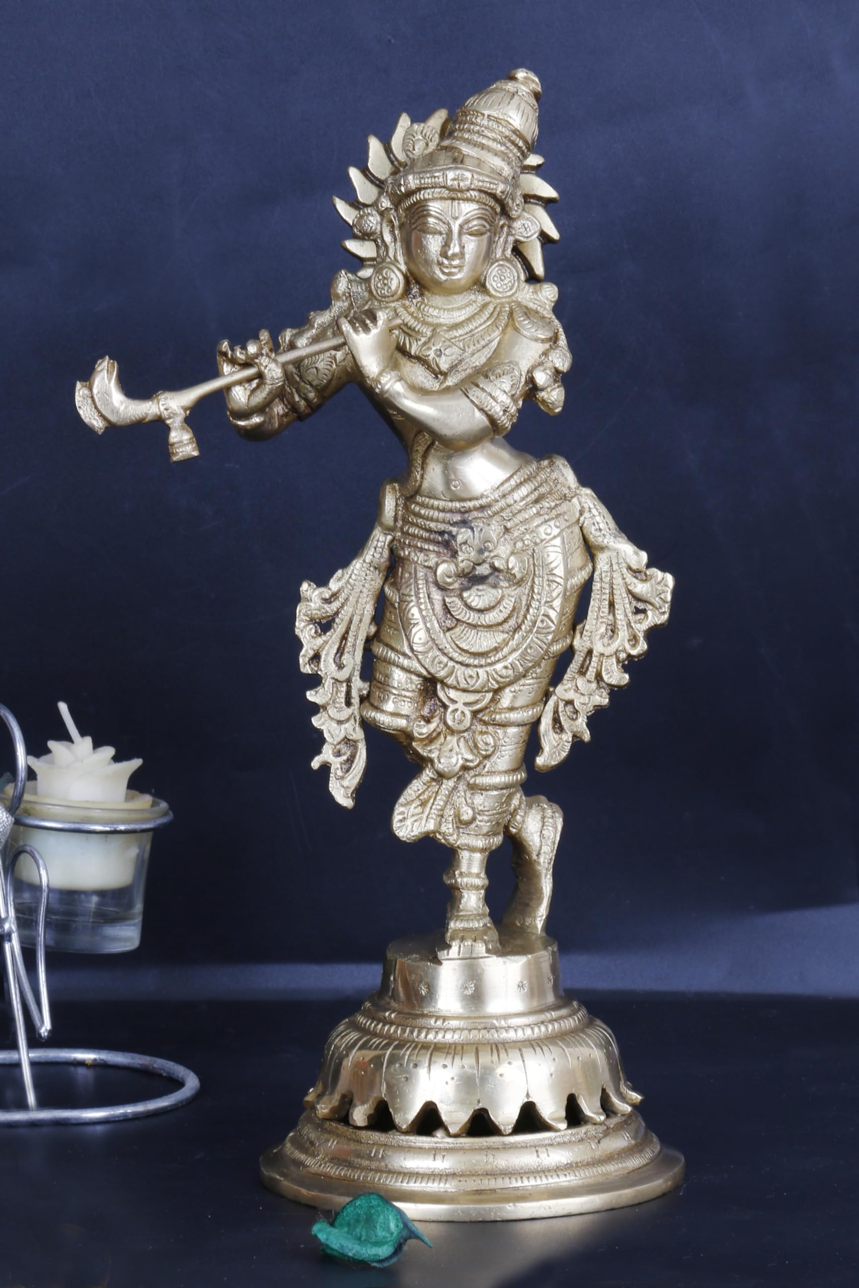 ARTVARKO Brass Flute Playing Krishna Statue God Religious Idol Krishan Figurine Home Decor(Height 10 Inches)
