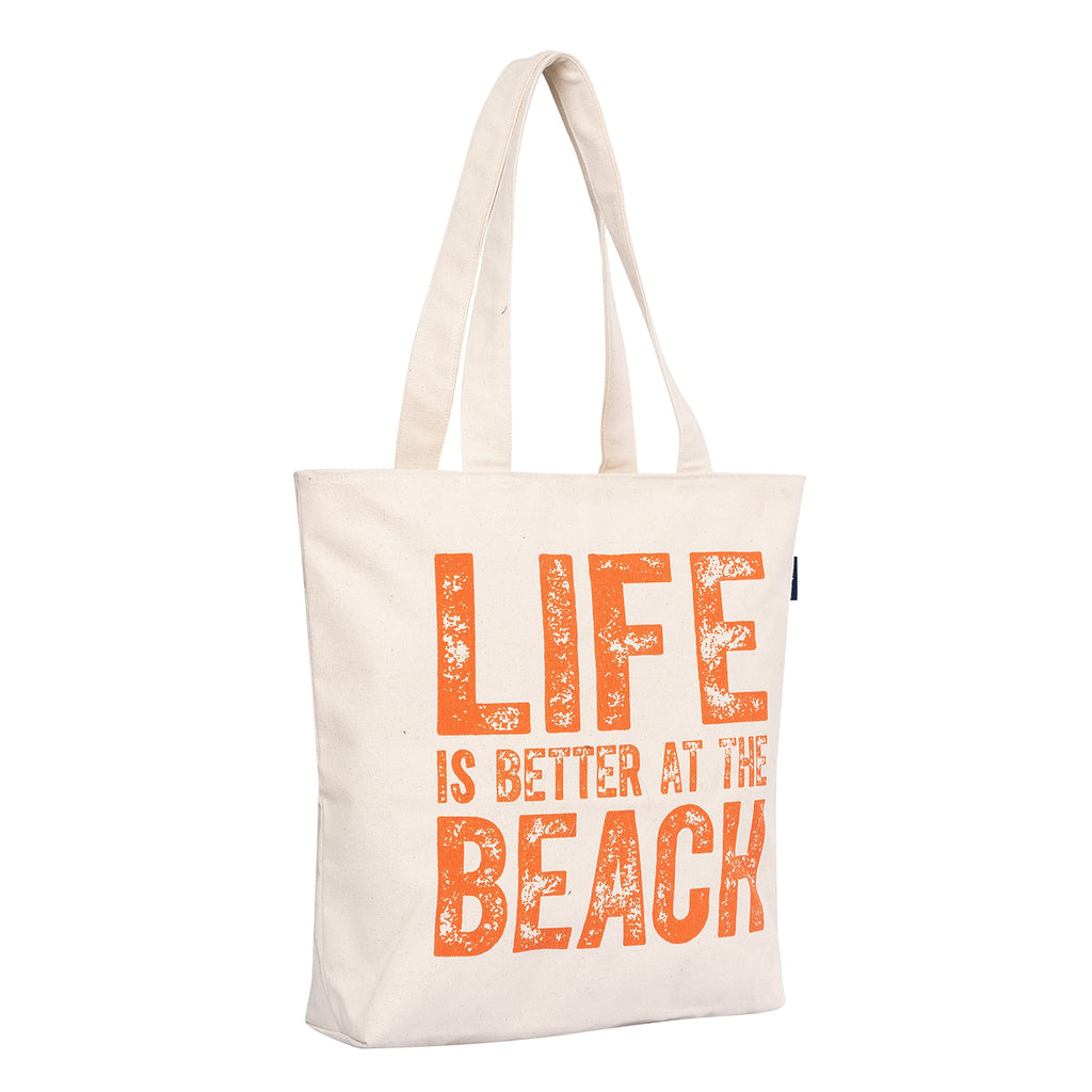 AQVA Printed Cotton Canvas Tote Bag for Women & College Girls | Trendy Stylish Multipurpose Handbag with Zipper | Shoulder Bag for Shopping, Beach, Travel (Life is Better at Beach)