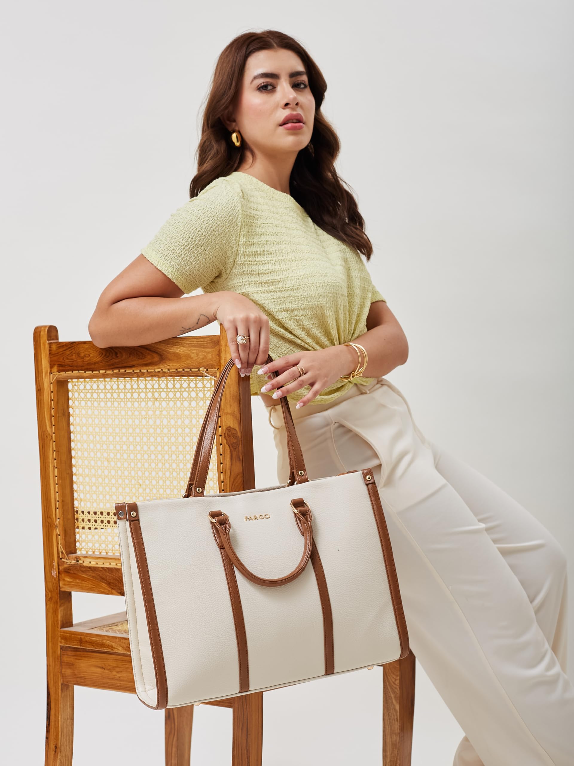 Fargo Iconic Tote Bag for Women | Vegan Leather Handbag with 15-Inch Laptop Compartment, Smooth Zip, Luxury Look | Stylish Office, College & Travel Tote | Made in India (Ivory)
