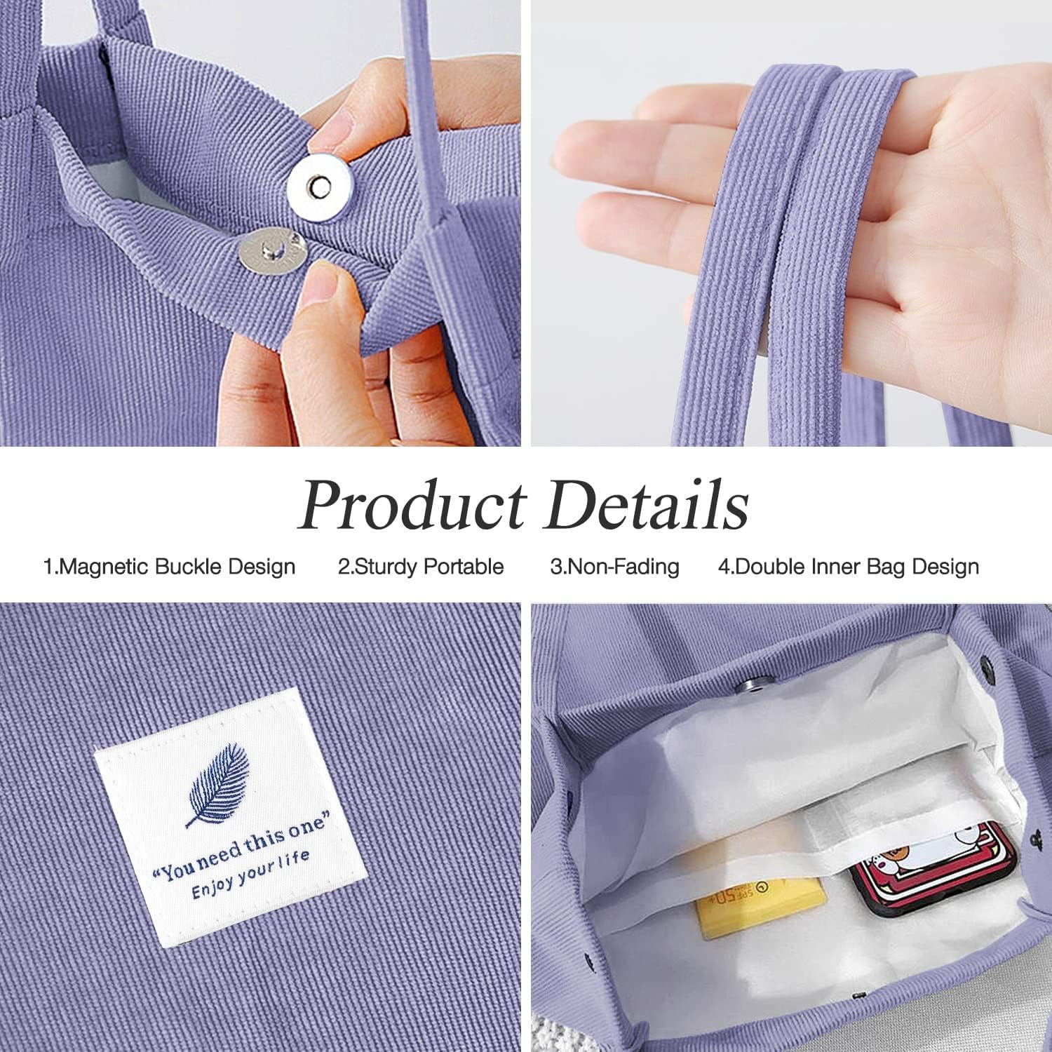 Kawn Women Corduroy Canvas Tote Bag Shoulder Cord Purse Reusable Shopping Bag Grocery Bag Large Capacity Washable Handbag Girls Shoulder Bag With Inner Pocket For Daily Use (Purple)