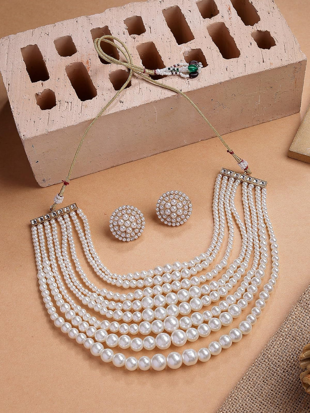 Sukkhi Beautiful Bright Gold Plated Handmade Multilayer Pearls Choker Necklace with Studs Earring Jewellery Set for Women & Girls Occasions|NS107385