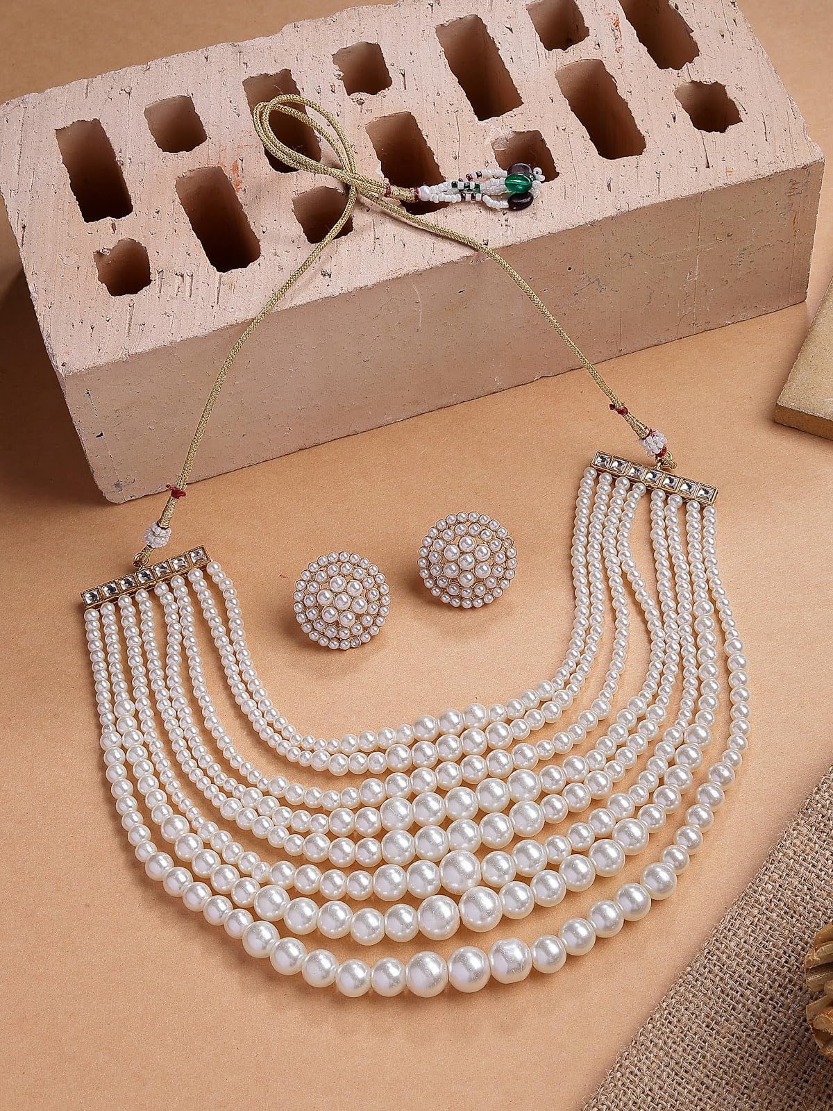 Sukkhi Beautiful Bright Gold Plated Handmade Multilayer Pearls Choker Necklace with Studs Earring Jewellery Set for Women & Girls Occasions|NS107385