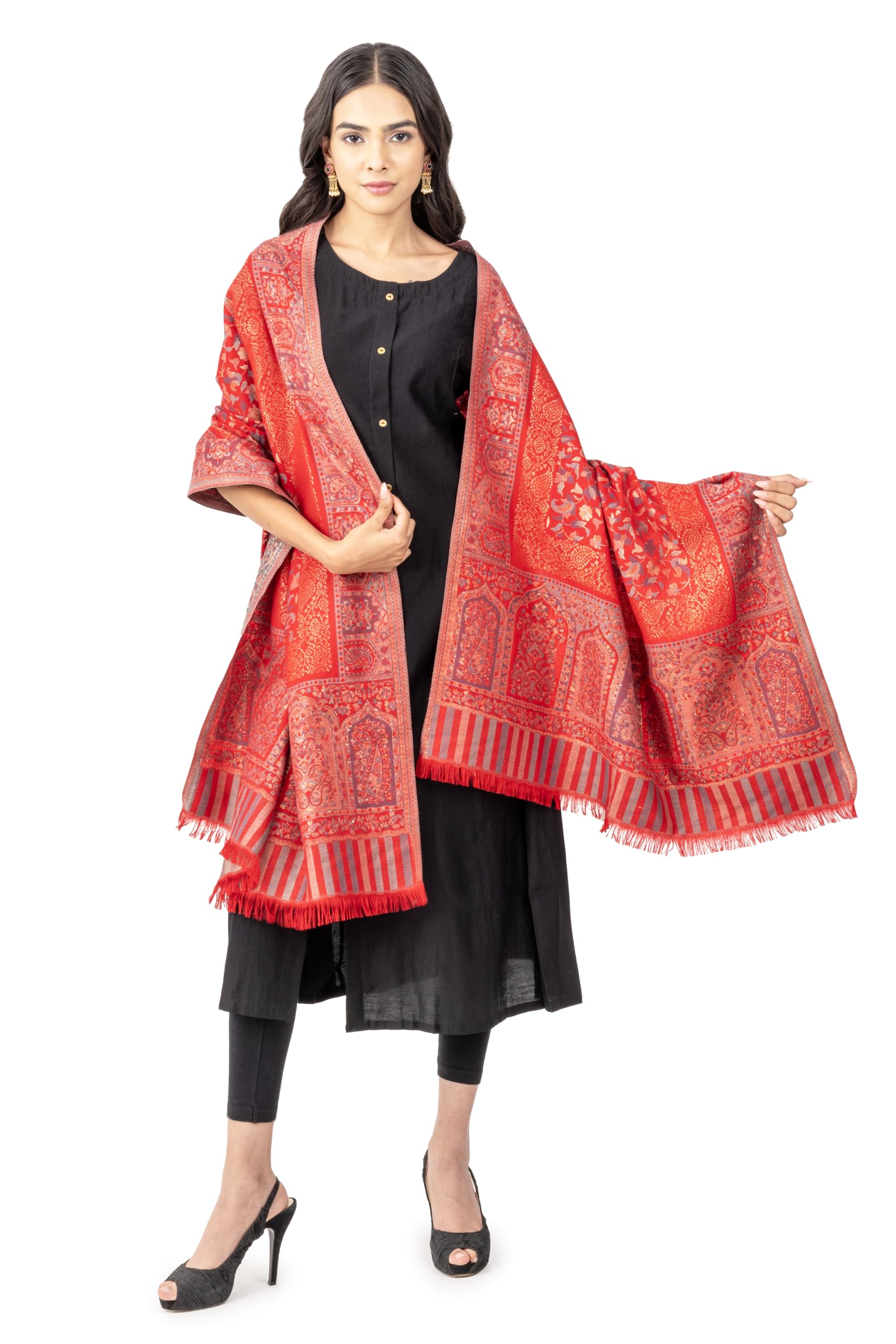 Naureen Women Faux Pashmina Kani Stole with Mughal Artwork and Zari Accents, Warm and Soft, 28x80 inch