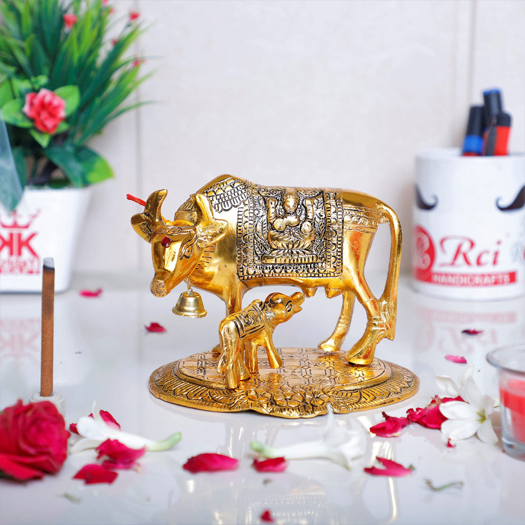 KridayKraft Gold Plated Kamdhenu Cow with Calf Metal Idols for Home Office Statue Murti for Decoration & Pooja Gifting Purpose Sculpture Good Luck Feng Shui As Table Top Figurine Gau MATA Idols