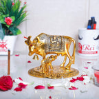 KridayKraft Gold Plated Kamdhenu Cow with Calf Metal Idols for Home Office Statue Murti for Decoration & Pooja Gifting Purpose Sculpture Good Luck Feng Shui As Table Top Figurine Gau MATA Idols