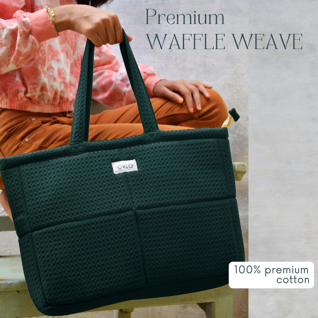 HOUSE OF ORLO Premium Cotton Waffle Quilted Tote Bag, Large Spacious Handbag for College, Office, Work, Travel, Shopping & Daily Use - Forest Green