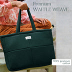 HOUSE OF ORLO Premium Cotton Waffle Quilted Tote Bag, Large Spacious Handbag for College, Office, Work, Travel, Shopping & Daily Use - Forest Green