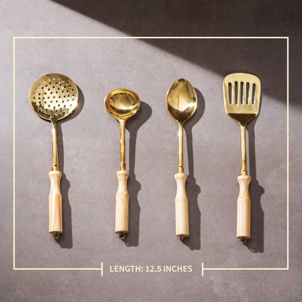 P-TAL Brass Ladle Set for Kitchen Ptal Brass Utensils Serving and Kitchen Tools Scoop Ladle Skimmer Serving Spoon Spatula Set of 4 (Free 30ml Copper & Bras Cleaning Solution)