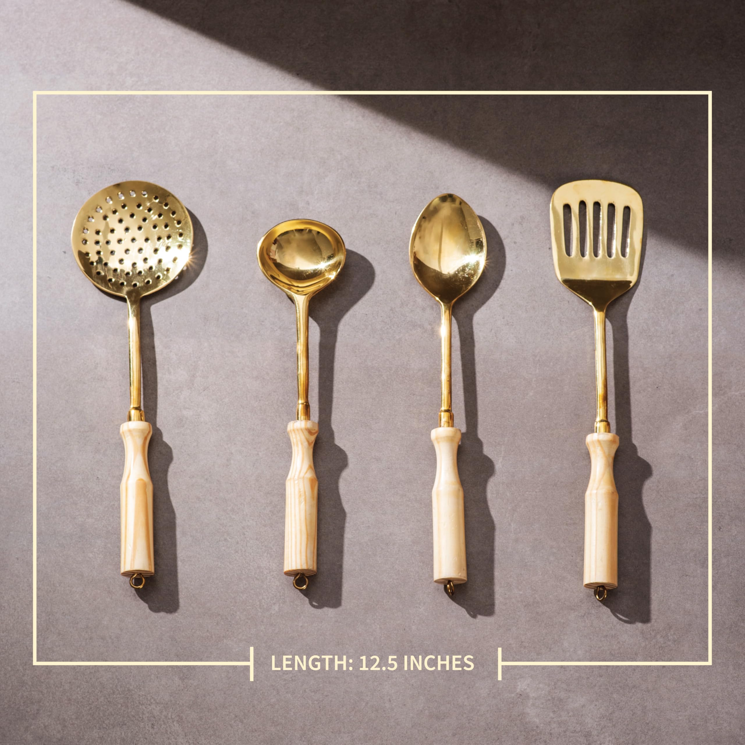 P-TAL Brass Ladle Set for Kitchen Ptal Brass Utensils Serving and Kitchen Tools Scoop Ladle Skimmer Serving Spoon Spatula Set of 4 (Free 30ml Copper & Bras Cleaning Solution)